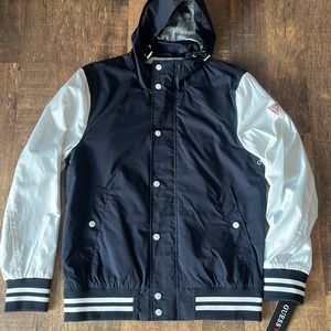 NWT Guess Nylon Zip and Button Varsity Jacket Stripe Hood/Lining Logo
